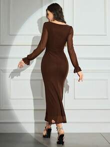 Modelyn Women's Solid Color Mesh Contrast Long Sleeve Casual Dress Long Evening Dresses - Coffee Brown - View 3