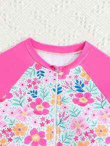 SHEIN Tween Girls One-Piece Swimsuit,White,Summer,Cute,Pool Party,Vacation,Holiday Tropical Floral Print Long Sleeve Sun Protection Zipper Design Jumpsuit - Multicolor - View 4