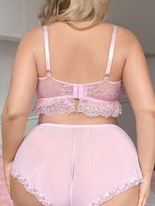 PetitDoll 2pcs Plus Size Lace Patchwork Lingerie Set - Pink - View 2