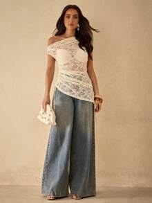 SHEIN x Luisa Sonza Silquee 杏色不对称肩部透视蕾丝褶皱抽绳不对称设计女式上衣，适合搭配T恤，约会/外出/夜店派对，优雅派对日常约会，情人节和夜晚外出，姐妹聚会，浪漫约会装扮，派对，婚礼，度假 - 杏色 - 查看 3