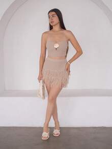 Andrea Bello 女士度假两件套：针织纹理毛衣和流苏金属装饰迷你裙，适合派对、约会、海滩度假、夏季穿搭、假日、下午茶、婚礼季、邮轮旅行、城市之旅、波西米亚风度假、音乐节等场合。 - 卡其色 - 查看 6