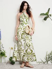 Aveloria Modichic Textured Bamboo Knot Linen Fabric, Ivory White & Grass Green Patchwork, Bohemian Resort Style, Halter Neck Twist Design, Abstract Floral Print, Twist Detail, Soft Fabric, Fitted Waist, Lightweight & Comfortable, Suitable For Summer Party, Beach Vacation, Date Picnic, Afternoon Tea, Outdoor Music Festival, Casual Travel, Romantic Date, Multi-Occasion Fashionable Twist Waist Criss-Cross Maxi Dress - Multicolor - View 7