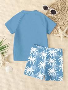 SHEIN Bộ đồ bơi nam gồm áo thun ngắn tay cổ tròn dáng rộng thoải mái và quần short, thích hợp cho mùa hè. - Nhiều màu - Xem 4