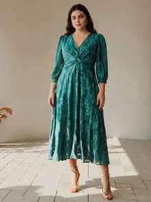 Anewsta Elegant Jacquard Woven Party Dress For Women Fall - Dark Green - View 4