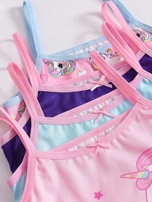 8 件套女童幼儿圆领白色粉色浅蓝色和紫色多巴胺色卡通独角兽爱心月亮星星和花卉印花内衣，包括舒适轻盈的针织打底衫和配套的弹力平角内裤，适合夏季日常穿着，饰有可爱的蝴蝶结细节和时尚的可机洗柔软面料。 - 藍色 - 查看 4