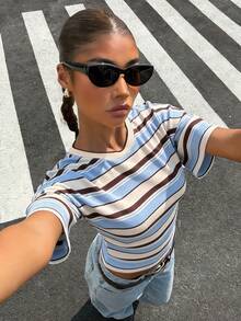 Muchica Casual Minimalist Style Blue Asymmetrical Stripe T-Shirt, Versatile Streetwear, Suitable For Spring And Summer,Summer Top - Multicolor - View 4