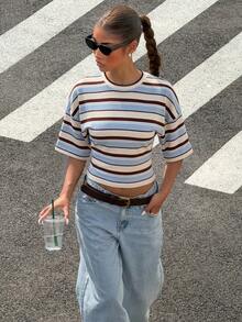 Muchica Casual Minimalist Style Blue Asymmetrical Stripe T-Shirt, Versatile Streetwear, Suitable For Spring And Summer,Summer Top - Multicolor - View 6
