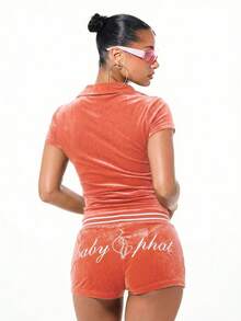 BABYPHAT Velour Zip Up Collared Short Sleeve Top With Script Print And Graphic Design - Coral Orange - View 2