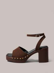 Styleloop Giày sandal nữ mũi vuông đế da PU đính hạt tròn vàng, chất liệu nhung, thời trang, đơn giản, thoáng khí và thoải mái, có khóa cài, thích hợp cho các bữa tiệc và liên hoan hàng ngày, kiểu dáng bohemian, mang đến không khí nghỉ dưỡng, là món đồ không thể thiếu cho những chuyến du lịch mùa hè. - màu nâu - Xem 3