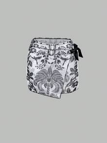 Swim Oasis 女士沙滩套装，优雅休闲波西米亚风蓝白热带椰树花卉印花连体泳衣及沙滩罩衫高端两件套 - 黑與白 - 查看 6