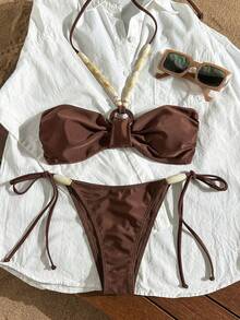 Swim Chiccia Women's Solid Color Bikini Set, Bohemian Beaded Halter Design, Waist Tie, Suitable For Beach Vacation - Brown - View 3