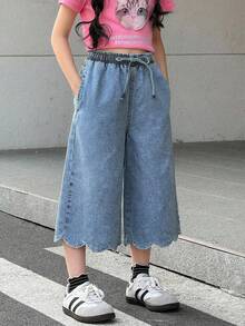 SHEIN 少女浅蓝色刺绣波浪边宽松阔腿牛仔裤 - 藍色 - 查看 3