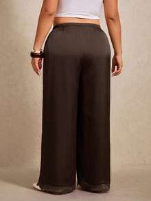 SHEIN Elaquor 大码休闲弹力腰撞色蕾丝裤 - 棕色 - 查看 3