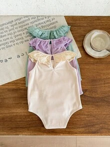 Bộ 3 món áo liền quần dệt kim bèo nhún dễ thương cho bé gái sơ sinh, mùa hè. - Màu tím hoa cà - Xem 2