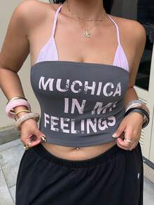 Muchica 春夏新款休闲多功能吊带背心，适合外出、日常穿着、派对、音乐节、返校、毕业典礼、海滩度假、街头风、居家休闲、逛街、城市漫步等场合，可单穿或叠穿。粉色条纹无肩带设计，拼接字母印花，弹力针织面料，罗纹针织胸衣，二合一设计，灰粉色，大码吊带背心。 - 彩色 - 查看 7