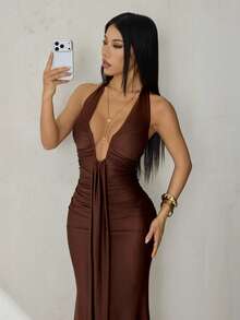 SHEIN PETITE 新款优雅深V领美人鱼连衣裙，适合派对、生日、酒吧、夜店、情人节、万圣节、圣诞节等场合 - 棕色 - 棕色 - 查看 7