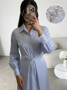 Al Najma New Elegant Ruched Waist Handmade 3D Floral Ruched Cinched Waist Versatile Formal Shirt Dress - Blue - View 3