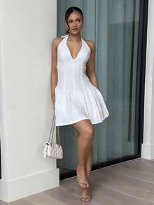 LHSEPT 女士简约纯白色深V领修身迷你连衣裙，优雅白色连衣裙，海滩度假连衣裙，毕业/开学季白色连衣裙 - 白色 - 查看 5