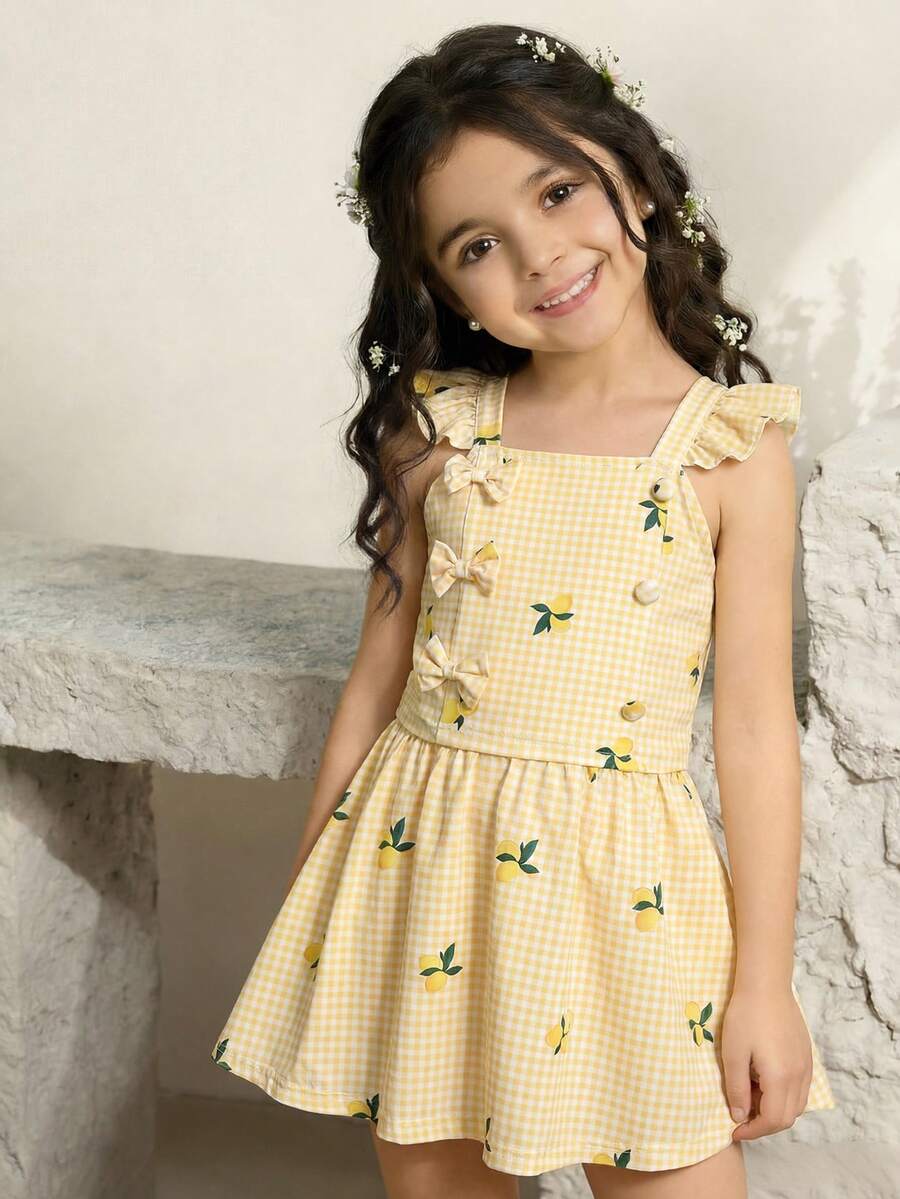 2件套女童甜美公主风亮黄色背心短裤套装，春夏款，多层蝴蝶结纽扣装饰喇叭袖上衣和短裤，适合日常穿着和派对穿着 - 黃色 - 查看 1