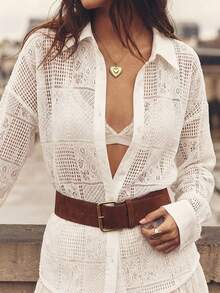 DAZY Women's Loose Fit Lapel Collar Hollow Out Blouse Summer - White - View 15