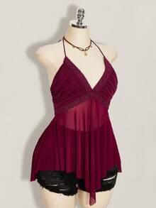 SHEIN ICON 大码不对称网纱拼接露背吊带背心（女款） - 紫色 - 查看 7