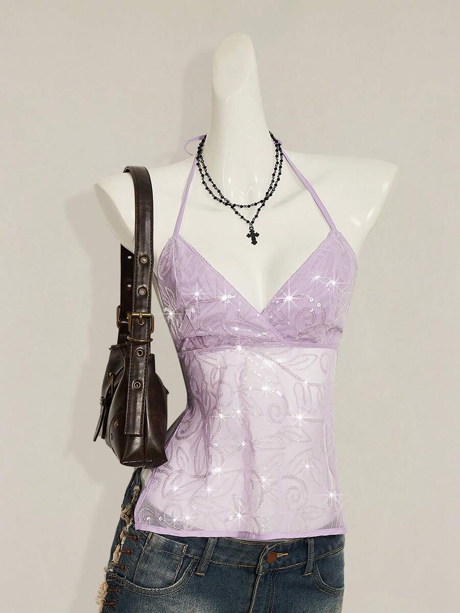 SHEIN ICON 女士 Y2K 性感花卉蕾丝露背吊带衫 - 淡紫色 - 查看 1