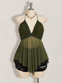 SHEIN ICON Plus Size Asymmetrical Mesh Patchwork Halter Neck Tank Top For Women - Army Green - View 3