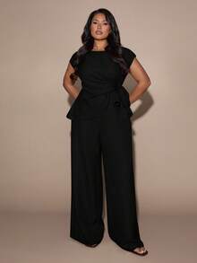 SHEIN BAE Plus Size Women Solid Color Top And Wide Leg Pants Casual Everyday Set - Black - View 6