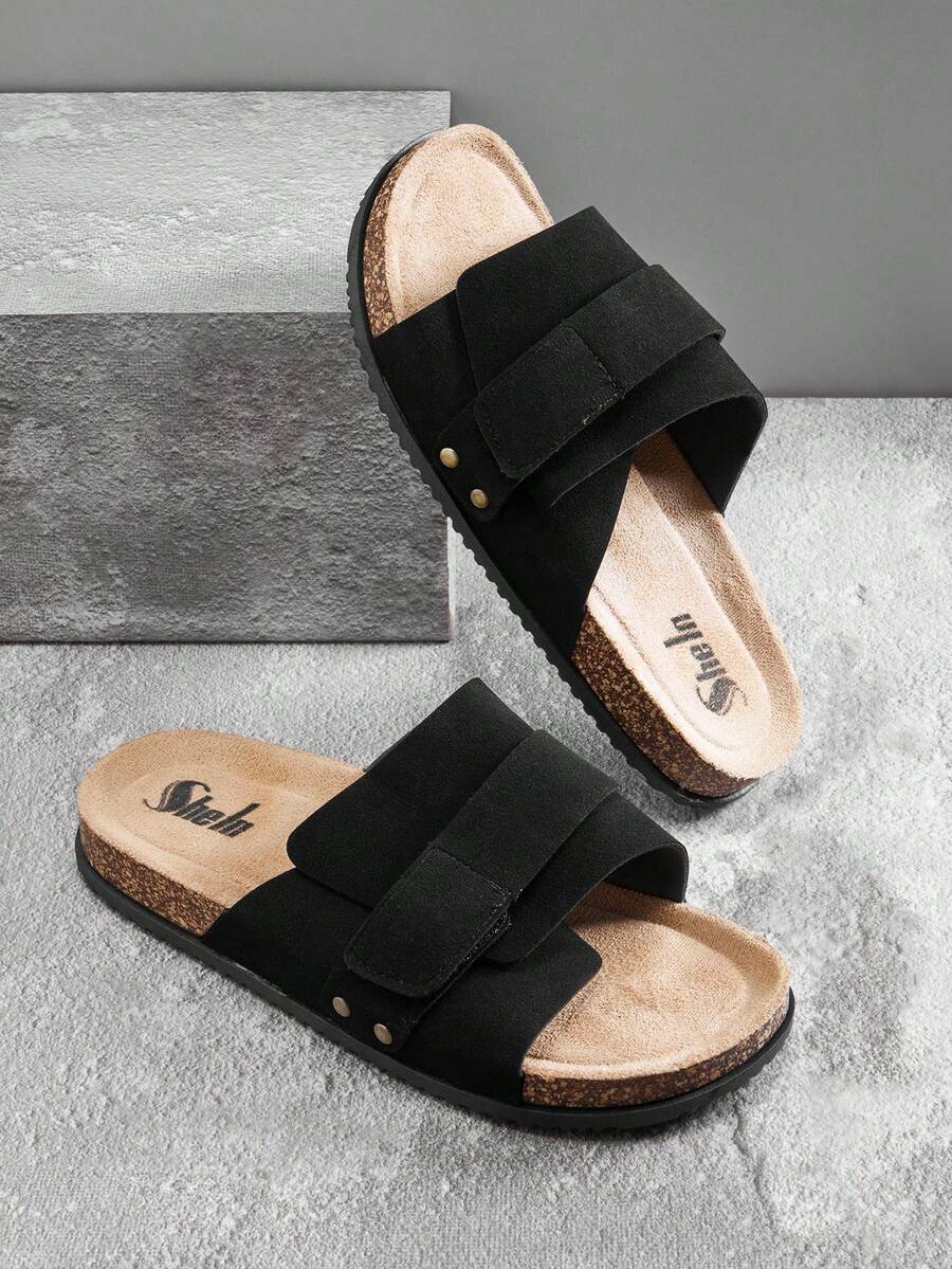 SHUZIA Men's One-Band Adjustable Suede Black Footbed Slide Sandals – Minimalist, Versatile & Comfortable - Black - View 1