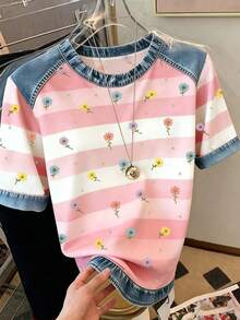 Resyla Áo thun nữ phong cách thường ngày và thời trang, phối họa tiết denim, kẻ sọc và in kỹ thuật số hình quả anh đào, cổ tròn. - Hồng - Xem 3