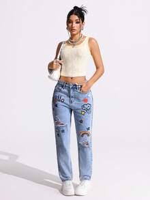 Jeanoix Quần jeans nữ ống côn, in chữ, rách nhẹ, túi xéo, kiểu dáng thường ngày. - Màu xanh lam - Xem 3