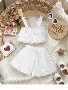 SHEIN Đứa bé gái Viền Ruffle Áo Cami & Quần short - trắng - Xem 6