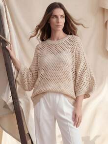 Áo len nữ dáng rộng, cổ tròn, tay cánh dơi, dệt rỗng, màu mơ, thích hợp cho mùa xuân/thu. - Màu be - Xem 7