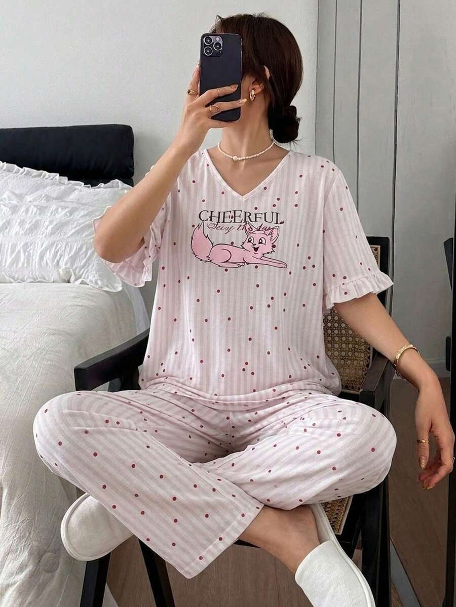 DAZY Women's Polka Dot & Cartoon Print V-Neck Short Sleeve Top And Long Pants Pajama Set - White - View 1