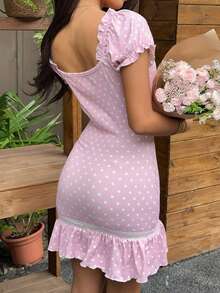 SHEIN SunnyBelle Women's Fashion Polka Dot Print Ruffle Trim Bow Tie Dress - Pink - View 2