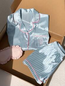 SHEIN Comfortcana Bộ đồ ngủ satin viền tương phản in hình trái tim - Màu xanh Bạc hà - Xem 1