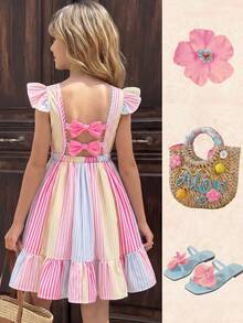 SHEIN Sparklyn 波点、夏季、波西米亚风、床单、度假、柔软、少女碎花印花露背蝴蝶结设计短袖收腰连衣裙，柔软连衣裙，蕾丝，棉质 - 彩色 - 查看 4