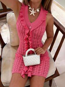 Selianne Đầm dệt kim ôm sát gợi cảm có bèo nhún dành cho nữ, thích hợp cho mùa hè. - Hồng - Xem 7