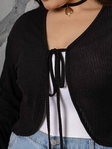 Plus Size V-Neck Solid Color Cut-Off Lace-Up Long Sleeve T-Shirt, Spring/Summer,Fall Clothes - Black - View 4