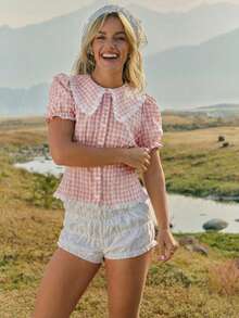 WESTFADE Blusa rosa y blanca de verano modesta para vacaciones y picnic, a cuadros , con volantes, ribete de ojales, cuello Peter Pan oversize, manga corta abullonada y botones delanteros, estilo boho lindo - Rosa Pálido - Ver 4