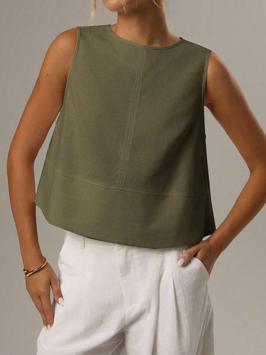 SHEIN Forever 21 女士纯色圆领休闲百搭日常上衣 - 軍綠色 - 查看 1