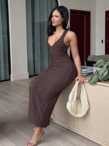 leahseptember Women's Dress Textured Knitted Dress Metal Button Decoration Backless Dress Brown Dress Elegant Women's Elegant Backless Sleeveless Dress, Summer Bodycon Maxi Dress Y2k Clothes Country Concert Outfit Old Money Streetwear Going Out Outfits Party - Brown - View 3