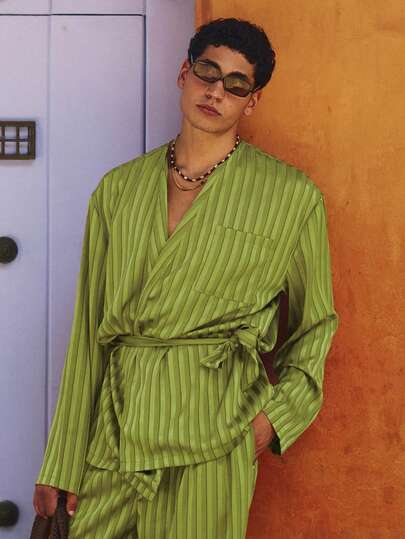 Musero Relaxed Fit Long Sleeve Front Patch Pocket Detailing Dropped Shoulder Satin Style Stripe Pattern Fabric Tie Waist Belt Spring Summer Essentials