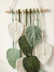 1pc Macrame Wall Hanging, Boho Style Wall Decor Tapestry, Handwoven Green Leaf Tassel Wallpaper - Green - View 6