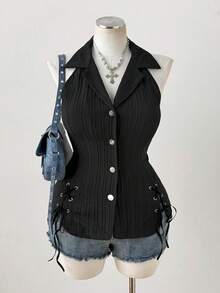 Sunspun Plus Size Casual Whimsical Turndown Collar Cinched Waist Shirt With Eyelets Date Night Black Summer - Black - View 1