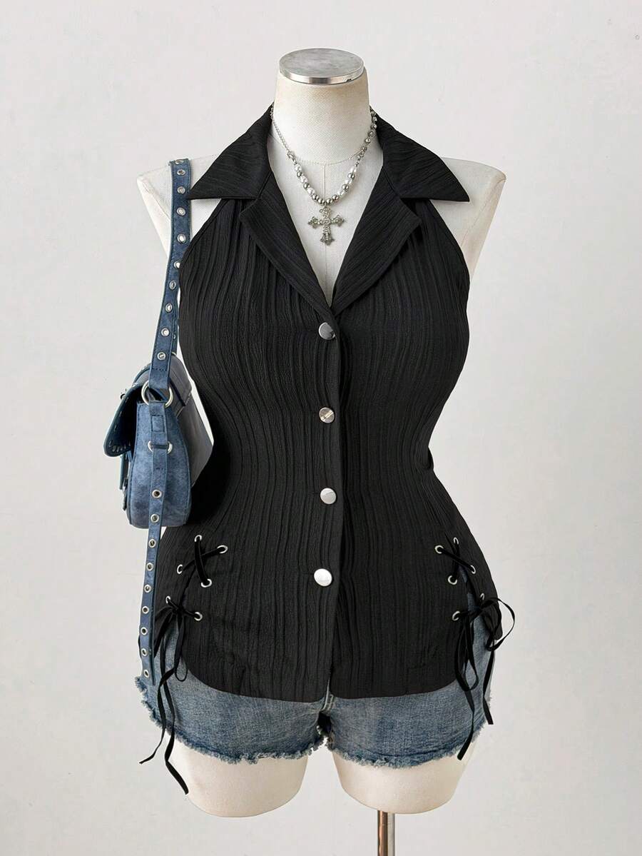 Sunspun Plus Size Casual Whimsical Turndown Collar Cinched Waist Shirt With Eyelets Date Night Black Summer - Black - View 1