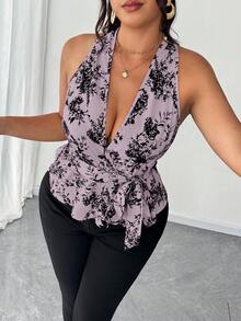 Elenzga 2025 New Plus Size Women's Elegant V-Neck Ruffle Hem Tie Waist Off Shoulder Fashionable Design Versatile Spring/Summer Casual Blouse - Multicolor - View 2
