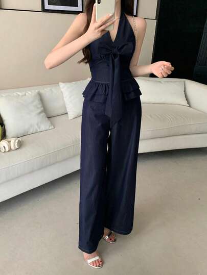 Joudiya Women's Solid Color Bow Decor Halter Top And Jeans Casual Pants Set