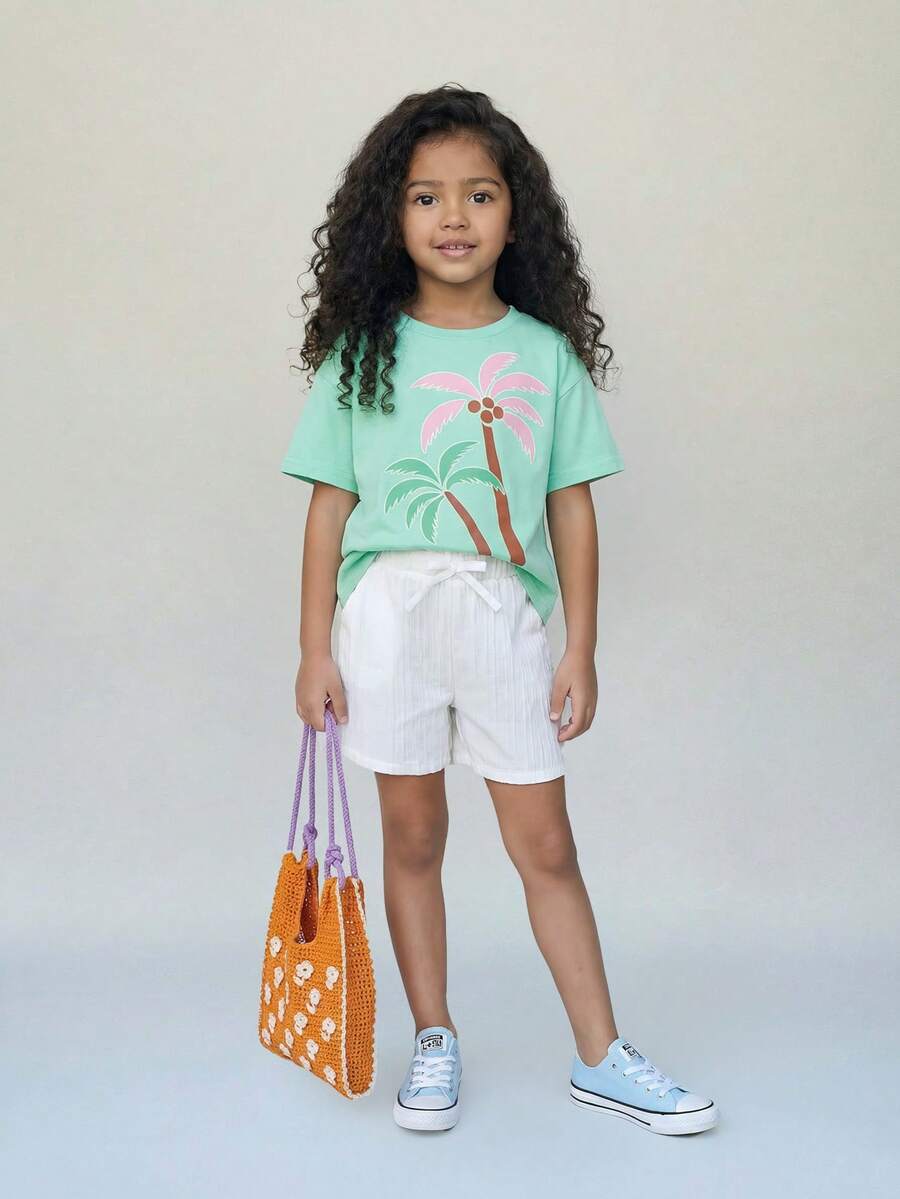 Casuvi Kids Casuvi 女童针织圆领短袖T恤,棕榈树印花,舒适弹力面料,适合春夏日常休闲及度假穿着。 - 薄荷綠 - 查看 1