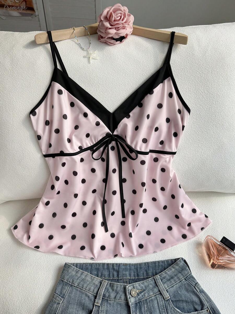 Comfortcana Áo hai dây cỡ lớn kiểu dáng thường ngày, họa tiết chấm bi phối màu tương phản, thích hợp cho kỳ nghỉ. - Hồng - Xem 1